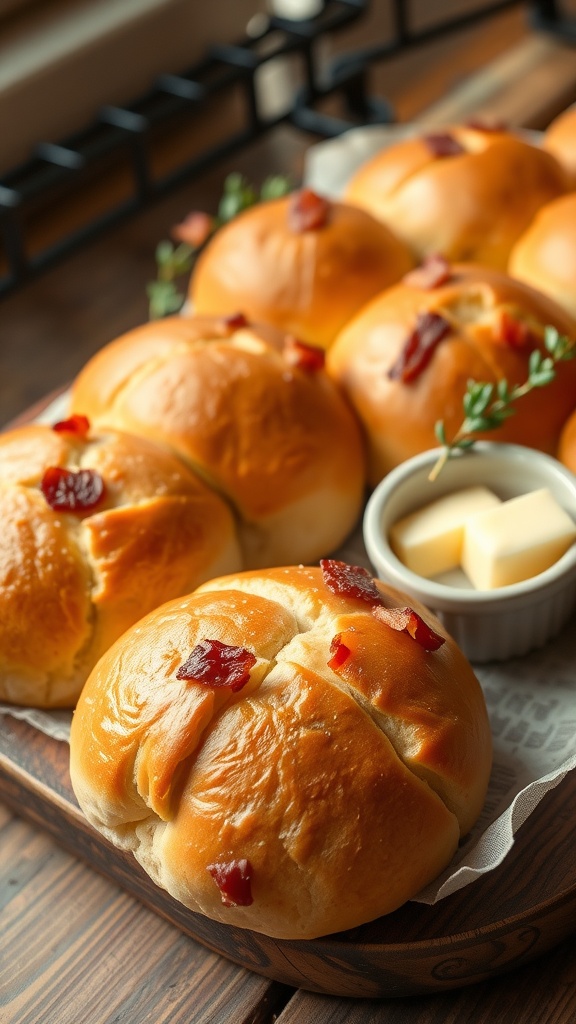 Freshly baked bacon yeast rolls on a wooden table with a bowl of butter and herbs.